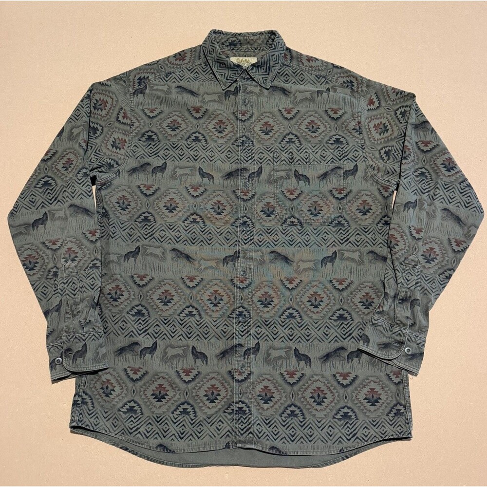 Cabelas Chamois Shirt Men Large Tall Green Wolf Southwestern Button Down Vintage